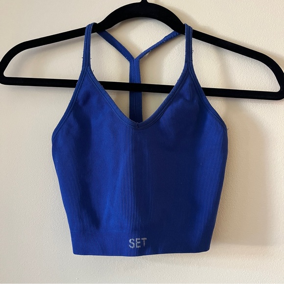 SET Active Blue 3 Piece Sculptflex Set Ribbed V Neck Bra + Box Cut Bra + Legging - Picture 8 of 15